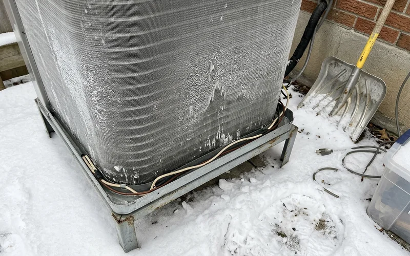 Heat pump outdoor coil with light frost and base pan heater wiring during a defrost cycle