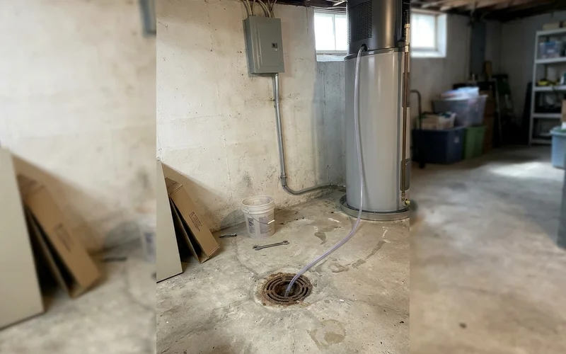 Condensate line running to the floor drain and a dedicated circuit above the water heater