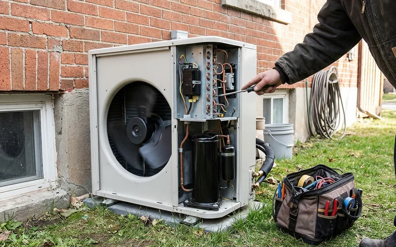 Air-source heat pump outdoor unit with the service panel open showing the coil and compressor