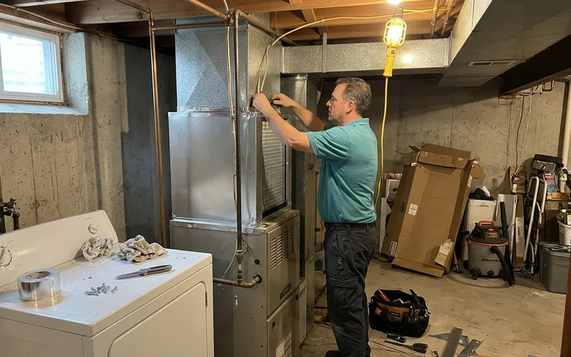 New cased coil installed on top of the existing furnace for a heat pump