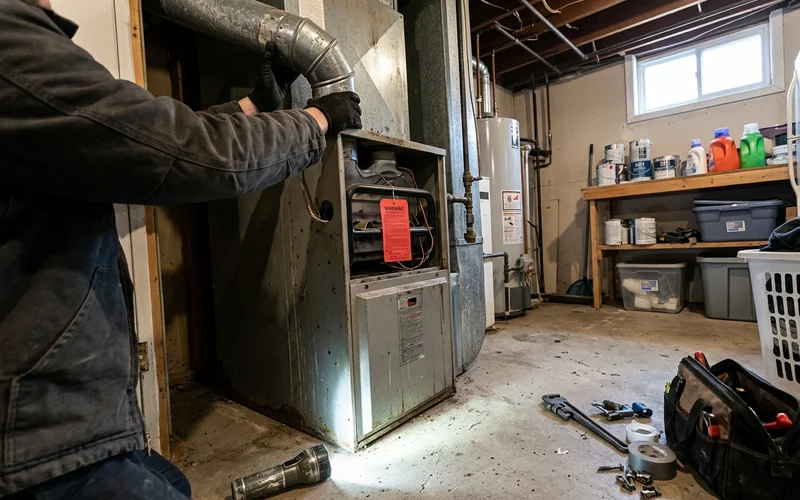 Old gas furnace with a heat exchanger warning tag being disconnected