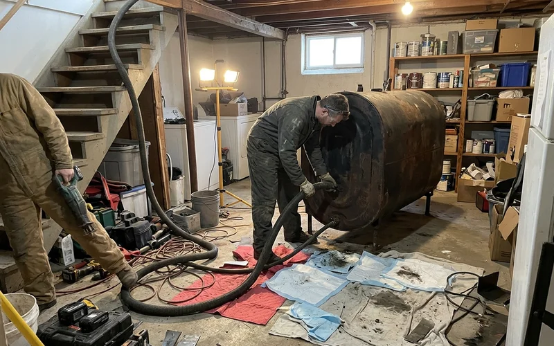 Old oil tank being pumped out and removed from a basement