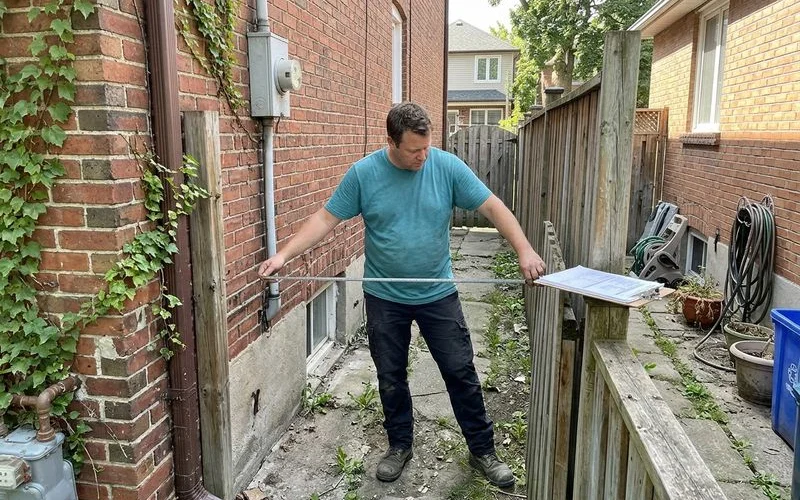 Technician measuring side-yard clearance before a Daikin Fit install