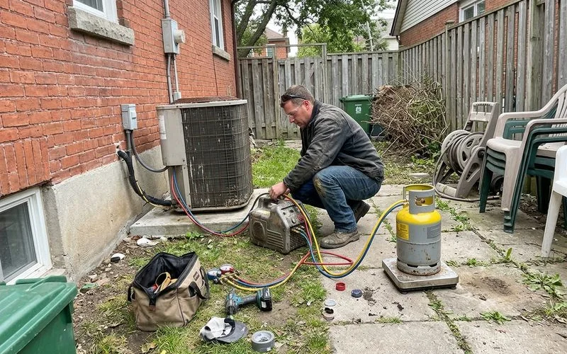 Technician recovering R410A refrigerant from the old heat pump before removal