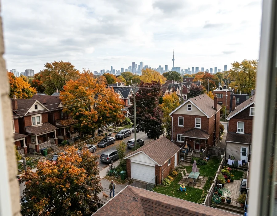 Aerial view of a Toronto residential neighbourhood with the downtown skyline in the distance
