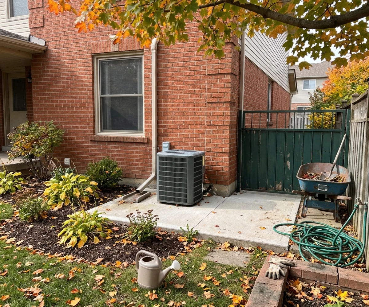 Central heat pump outdoor unit on a pad beside a two-storey Unionville detached house