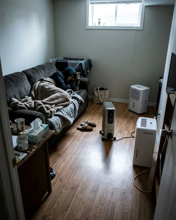 Cold basement suite with a space heater and dehumidifier before the mini-split