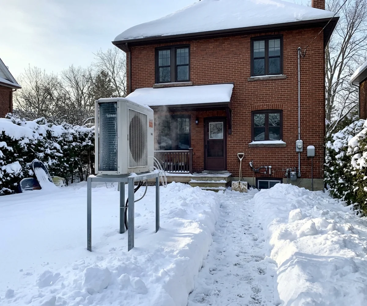 Cold-climate heat pump outdoor unit running in deep snow on a raised stand behind a Forest Hill brick home