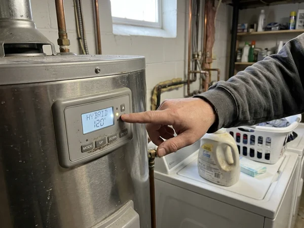 Heat pump water heater control panel set to hybrid mode