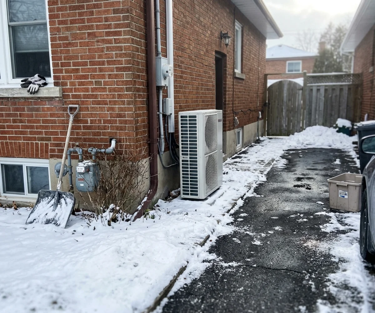Daikin Fit heat pump beside a Leaside brick house with the gas meter on the wall