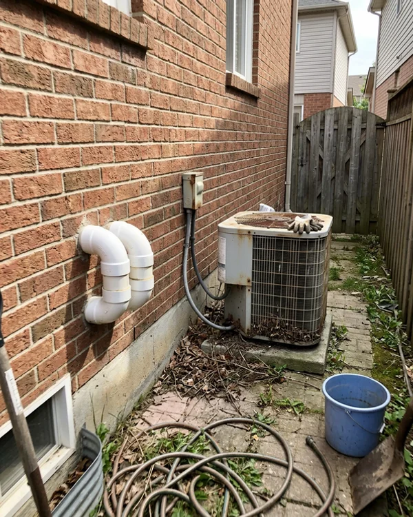 Dead AC condenser next to the furnace vent before the hybrid install