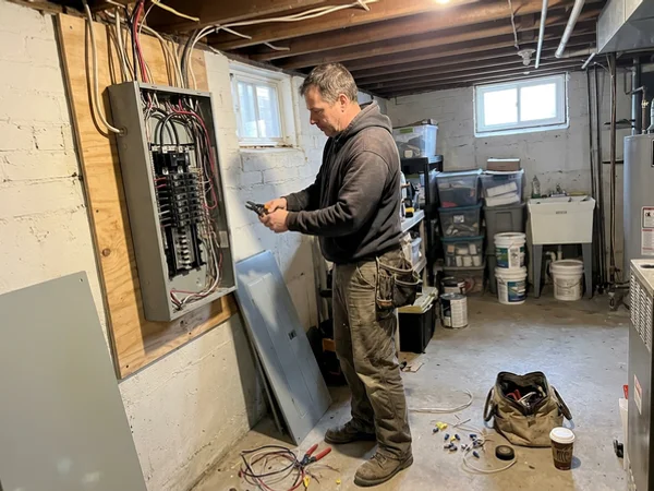 ESA-licensed electrician connecting the heat pump breaker in a 200A panel