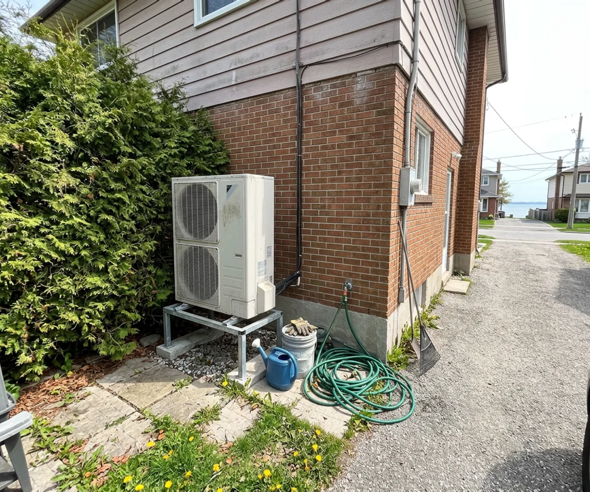 Fujitsu AOU multi-head outdoor unit on a raised stand beside a Port Credit side-split
