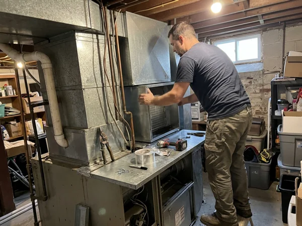 Matched indoor coil being fitted during a heat pump replacement