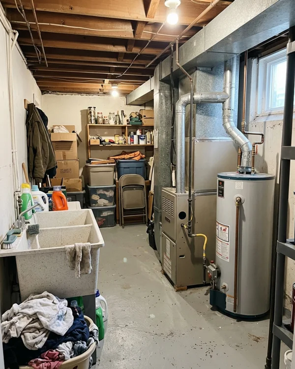 Mid-efficiency gas furnace in a post-war bungalow basement before the fuel switch
