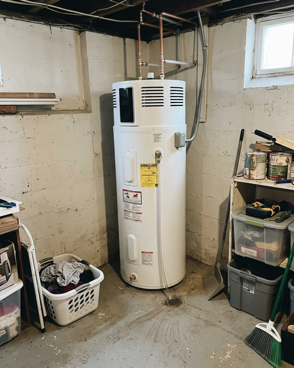 New heat pump water heater in the same corner with no flue pipe