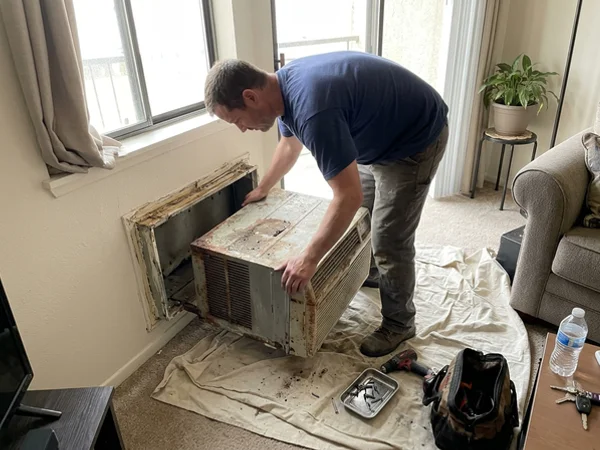 Old failing PTAC being removed from the wall sleeve onto a drop cloth