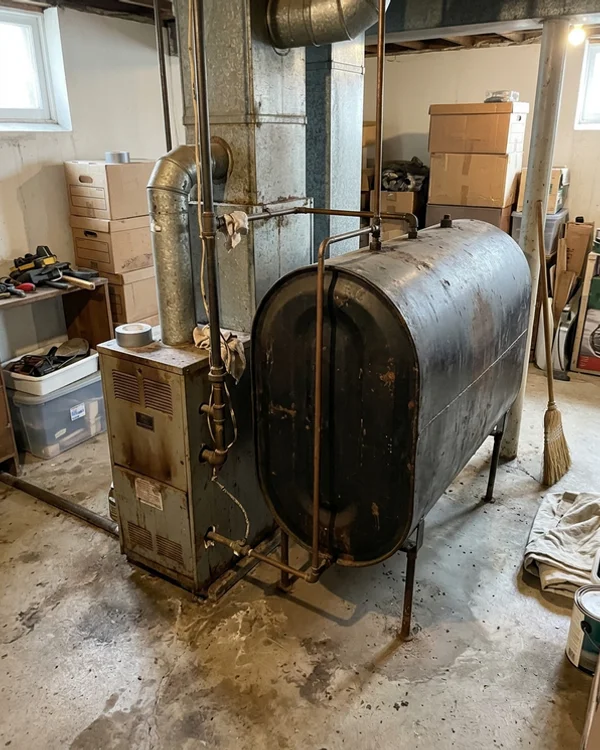 Old oil furnace and oil tank in a Rosedale basement before conversion
