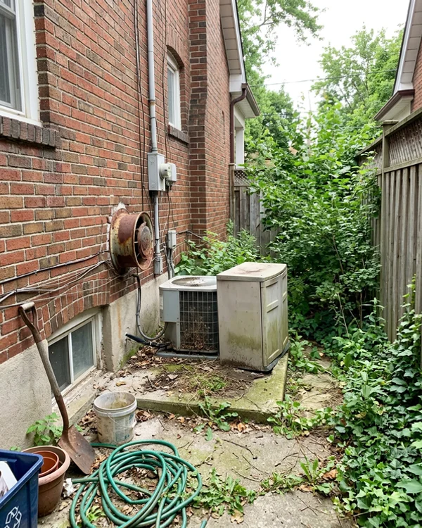 Old gas furnace and short-cycling central AC condenser before replacement
