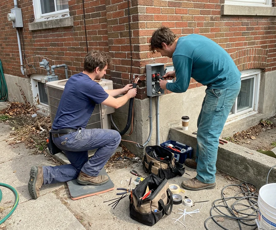 HVAC technician and electrician working side by side on a heat pump install