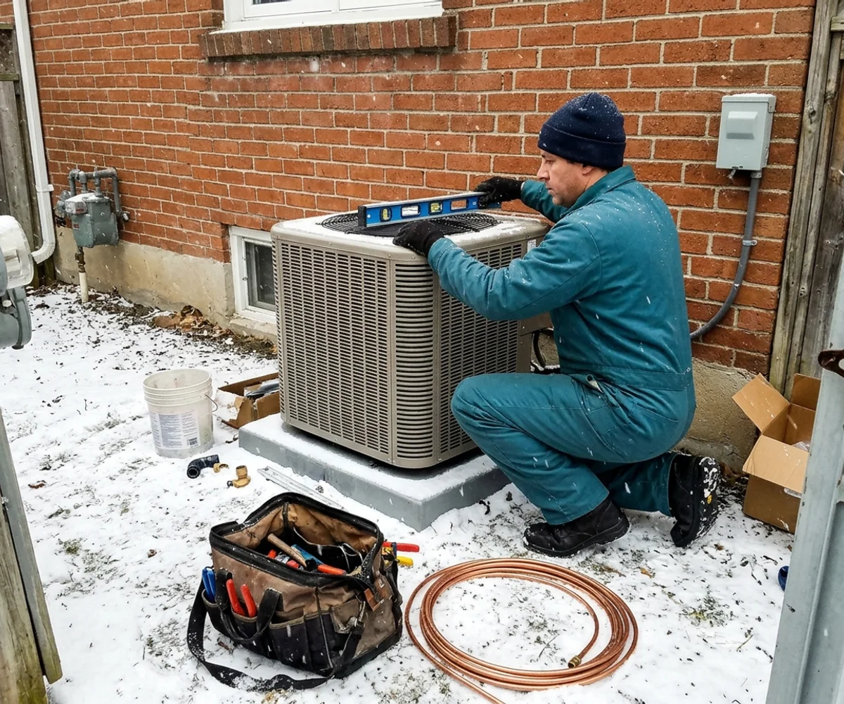 Technician levelling a cold-climate heat pump outdoor unit on a raised concrete pad beside a brick Toronto house