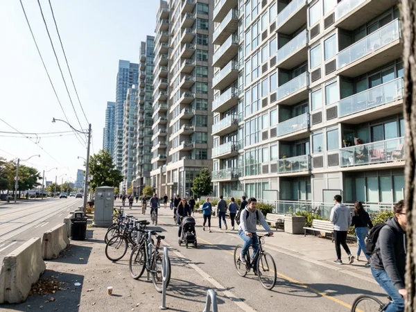 Harbourfront condo towers along Queens Quay with PTAC grilles on the facade