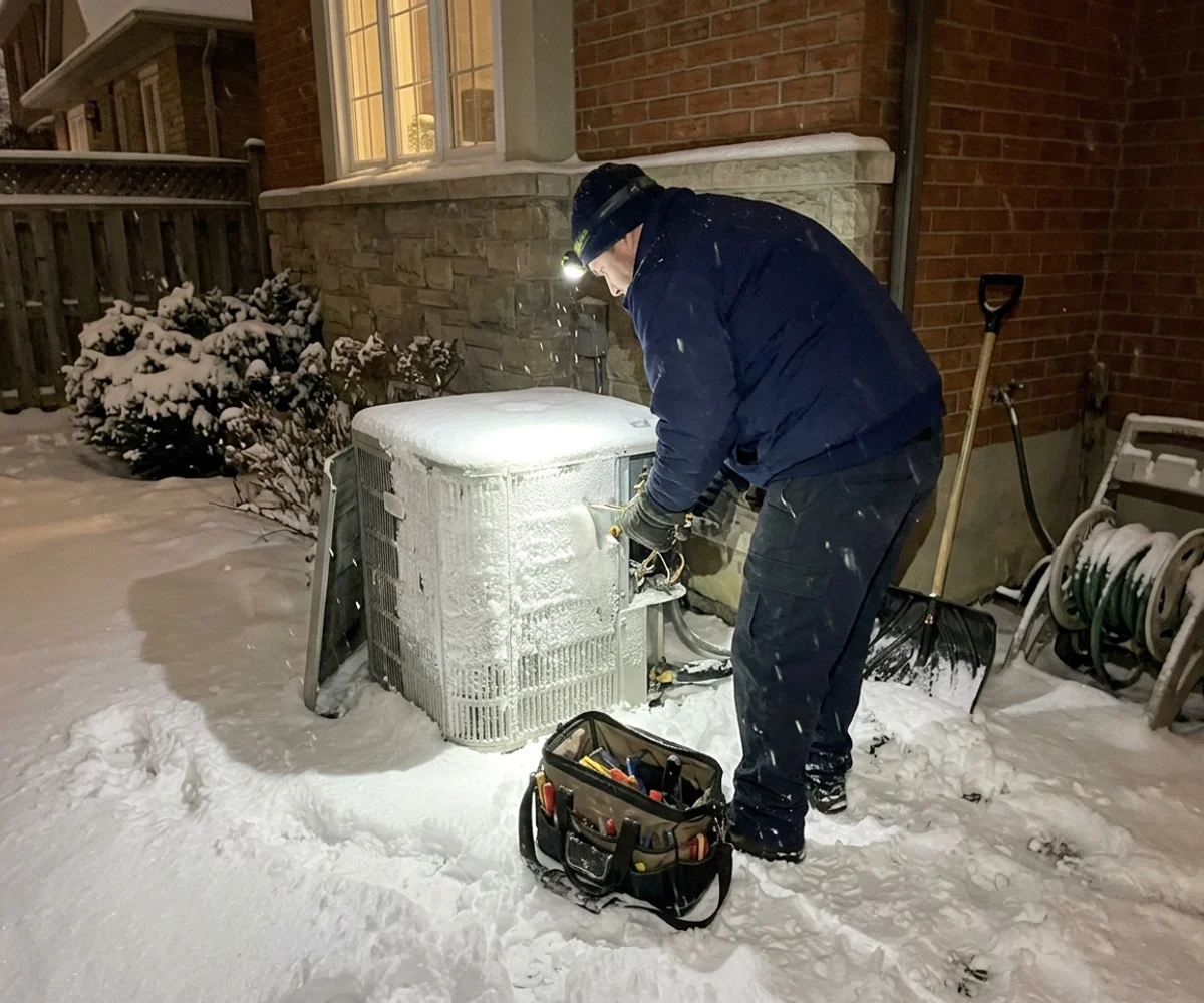 Technician with a headlamp repairing an iced heat pump at night in the snow