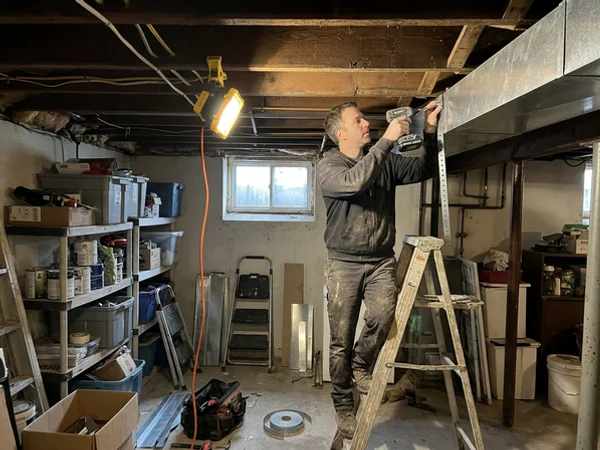 Return duct being run through basement joists