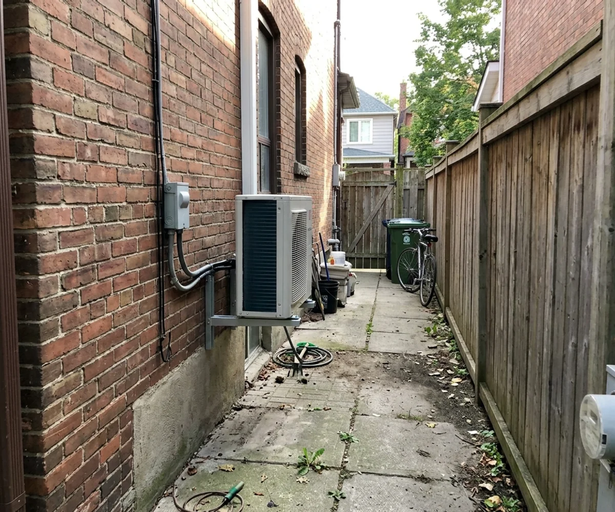Daikin Fit side-discharge heat pump on a wall bracket in a narrow Annex side yard