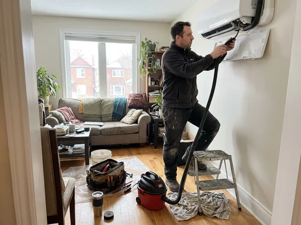 Technician clearing a frozen condensate drain under a ductless wall head