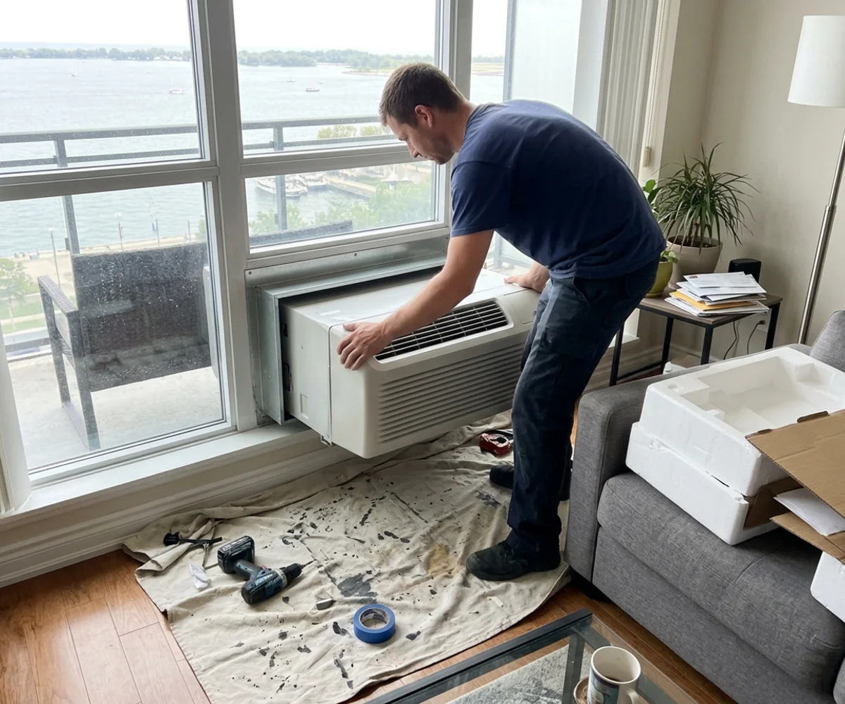 Technician installing a new PTAC heat pump into the wall sleeve of a Harbourfront condo suite