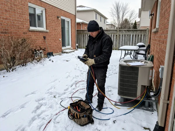 Technician reading digital manifold gauges during heat pump commissioning