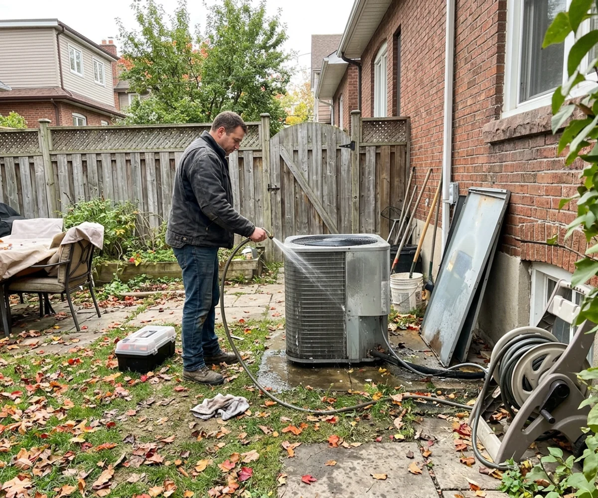 Technician rinsing a heat pump outdoor coil in a backyard in The Beaches
