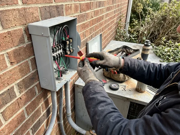 Technician torquing electrical connections in the outdoor disconnect
