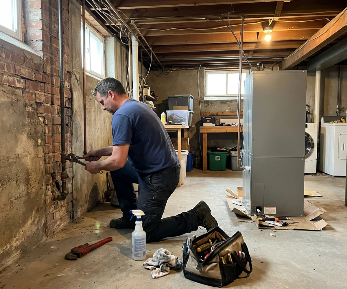 Gas technician capping the furnace gas line beside a new heat pump air handler in a Davisville basement