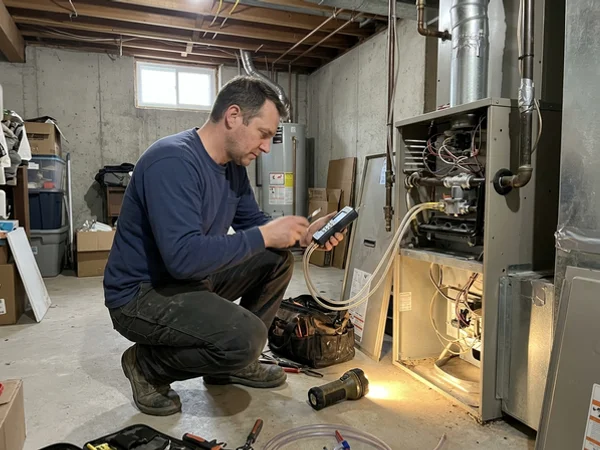 Gas technician checking furnace gas pressure during commissioning