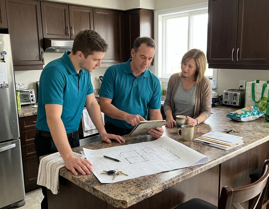 Technicians reviewing a Manual J load calculation with a homeowner