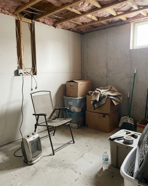 Basement suite mechanical corner with a space heater before the install